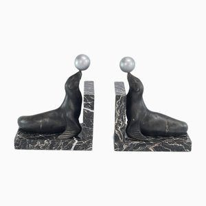 Art Deco Bookends with Sea Lions on Marble Bases, 1930s, Set of 2