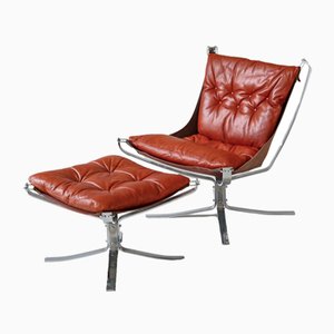 Scandinavian Modern Falcon Lounge Chair & Ottoman attributed to Sigurd Ressell for Vatne Møbler, 1970s, Set of 2