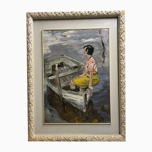 Leonid Vaichilia, Mujer en el río, óleo sobre tabla, 1965