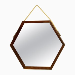 Espejo de pared italiano Mid-Century hexagonal de teca y cuerda, años 60