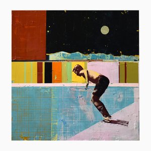 Dan Parry-Jones, Skater with Night Sky, Acrylic and Mixed Media on Board, 2024, Framed