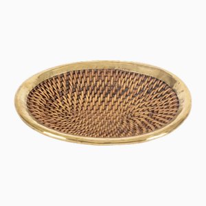 French Riviera Vide-Poche Bowl Tray in Woven Rattan and Brass, 1970s