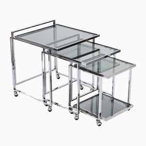 Mid-Century Italian Chrome and Smoked Glass Nesting Tables, 1970s, Set of 3