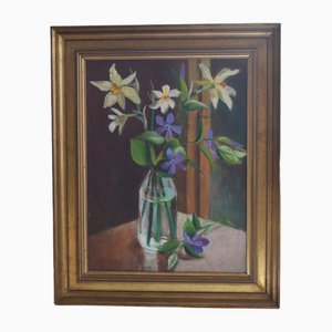 Still Life of Daffodils and Periwinkles, Oil on Canvas, Framed