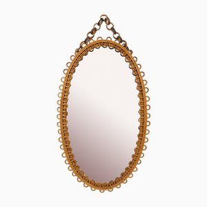 Oval Wall Mirror in Rattan and Bamboo with Chain by Franco Albini, 1960s