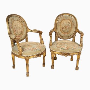 Napoleon III Armlehnstühle aus Vergoldetem Holz mit Aubusson Stoff, Frankreich, 19. Jh., 2er Set