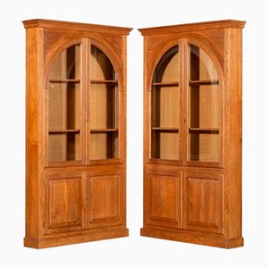 English Oak Arched Glazed Bookcase Cabinets, Set of 2