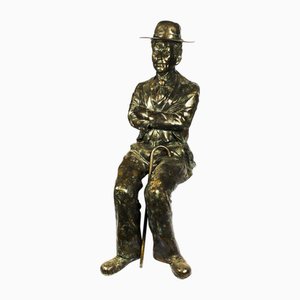 Escultura vintage de bronce de Charlie Chaplin sentado, años 80