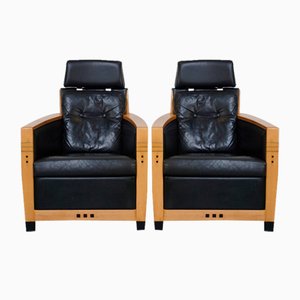 Black Leather Armchairs with Wood from Schuitema, Set of 2