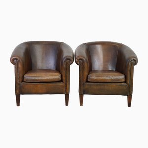 Large Dark Sheep Leather Club Chairs, Set of 2