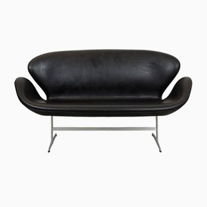 Swan Sofa in Black Grace Leather by Arne Jacobsen
