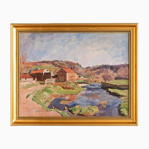 Bertrand Py, Riverside Path, Oil Painting on Canvas, Mid-20th Century, Framed