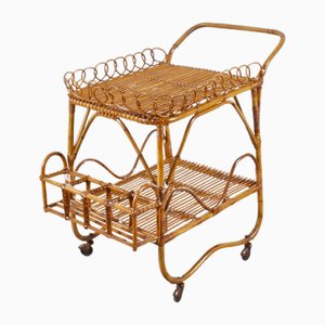 Mid-Century Bamboo and Rattan Bar Cart in the style of Bonacina, 1960s
