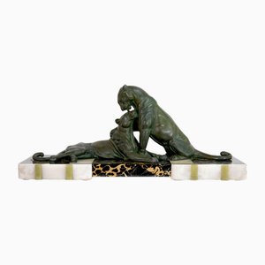 French Artist, Art Deco Panthers Grooming Their Fur, 1930s, Regula on Marble Base