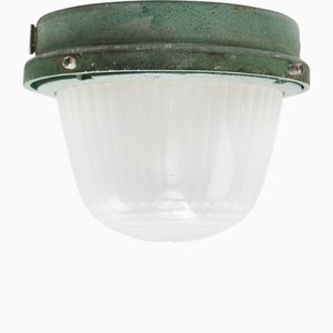 Vintage French Industrial Green Cast Iron and Frosted Cut Glass Flush Mount from Holophane