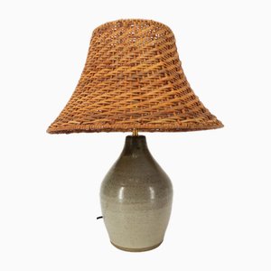 Enamelled Stoneware Lamp with Rattan Shade