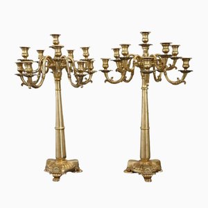 Candelabros antiguos de bronce dorado con doce luces, finales del siglo XIX. Juego de 2