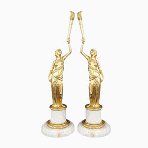 Sculptural Figures, Gilt Bronze on Alabaster Bases, Early 20th Century, Set of 2