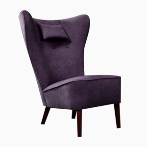 Mid-Century Scandinavian Modern Oak & Purple Fabric High Back Wing Chair, 1950s