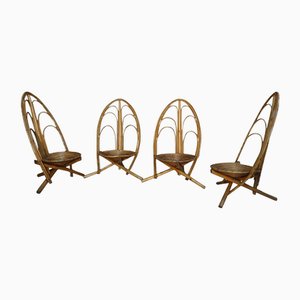 Rattan and Wood Lounge Chairs, 1960s, Set of 4