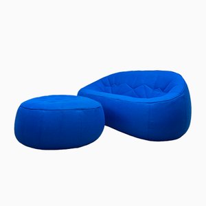 Blue Ottoman Two Seater Sofa Settee with Footstool from Ligne Roset, Set of 2