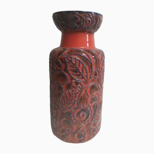 Vintage German Ceramic Vase with Blue Relief Decoration on Red Background from Bay-Keramik, 1970s
