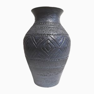 Large Vintage German Ceramic Vase with Blue Glaze and Geometric Decor from Bay-Keramik, 1970s