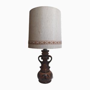 Vintage German Table Lamp with Brown Ceramic Base and Original Beige Fabric Shade, 1970s