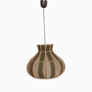 Vintage German Ceiling Lamp with Sisal Shade in Brown with Olive Green Stripes on Brown Plastic Mount, 1970s