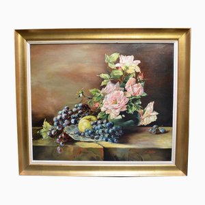 Jhane Jonchery, Bodegón con rosas, uvas y manzana, óleo sobre lienzo, décadas de 1890 a 1910