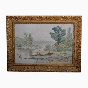 C. Chouet, The Pond and the Ducks, Watercolor, 1890s, Framed
