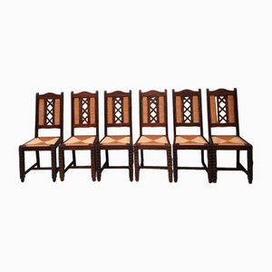 Art Deco Brutalist Chairs in Wood and Rattan attributed to Charles Dudouyt, 1950s, Set of 6