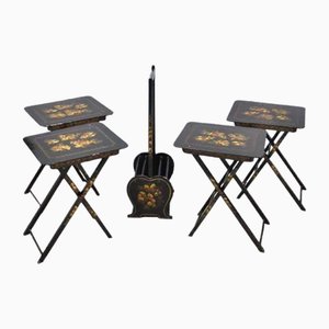 English Folding Auxiliar Tables in Black Lacquered Wood and Hand-Painted Decorations Based on Floral and Plant Motifs, Set of 4