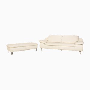 Leather Sofa Set in Cream with Stool, Set of 2
