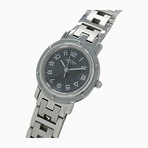 Silver Gray Round Clipper Date Quartz Stainless Steel Watch from Hermes