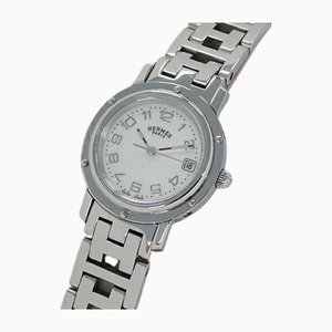 Silver Round Clipper Nacle Shell Date Quartz Stainless Steel SS Watch from Hermes