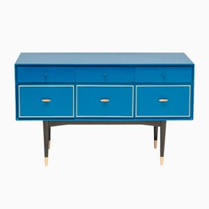Mid-Century Modern Chest of Drawers in Blue Gloss with Brass Trim, 1960s