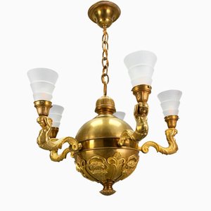 Art Deco Bronze and Frosted Glass Chandelier, 1920