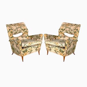 Mid-Century Modern Italian Armchairs with Yellow Floral Pattern Fabric, 1960s, Set of 2