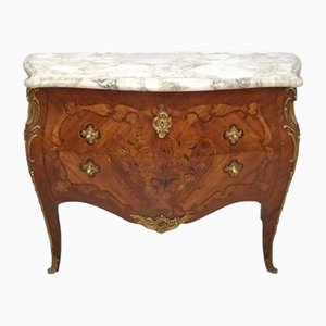Antique French Bombe Chest of Drawers with Marble Top, Floral Marquetry and Bronze Details from Antoine Paris