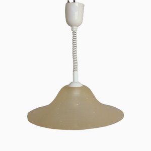 Vintage German Height Adjustable Ceiling Lamp with Striped, Tinted Plastic Shade on White Plastic Mount from Aro, 1970s