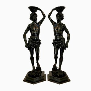 Antiche figure vittoriane intagliate ebanizzate, 1850, set di 2