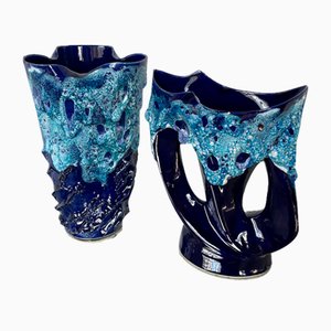 Blue Vallauris Fatlava Vases, 1960s, Set of 2