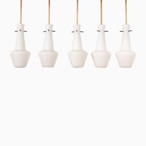Opaline Glass Hanging Lamps with Brass, 1960, Set of 5