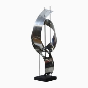 Abstract Space Age Sculpture in Sheet Metal on Wooden Base, 1970s