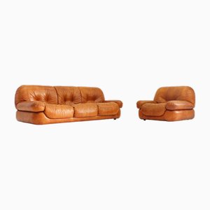 Italian Cognac Leather Sofa and Armchair from Mobil Girgi, 1970s, Set of 2