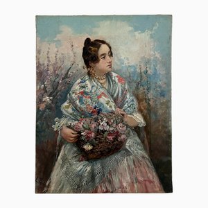 L. Rubia, Giovane donna con scialle e cesto di fiori, Olio su tela, anni '20