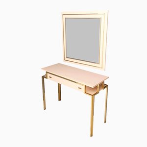 Postmodern Pale Pink Formica and Brass Console Table with Wall Mirror, Italy, 1970s, Set of 2