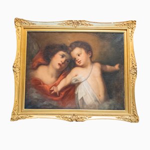 Christ Enfant et Ange Style Baroque, 1800s, Huile sur Toile, Encadrée
