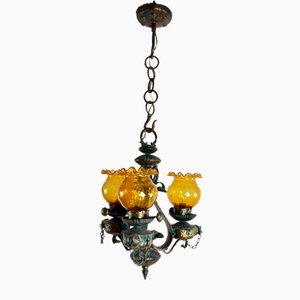 Mid-Century Brutalist Iron and Glass Chandelier, 1960s